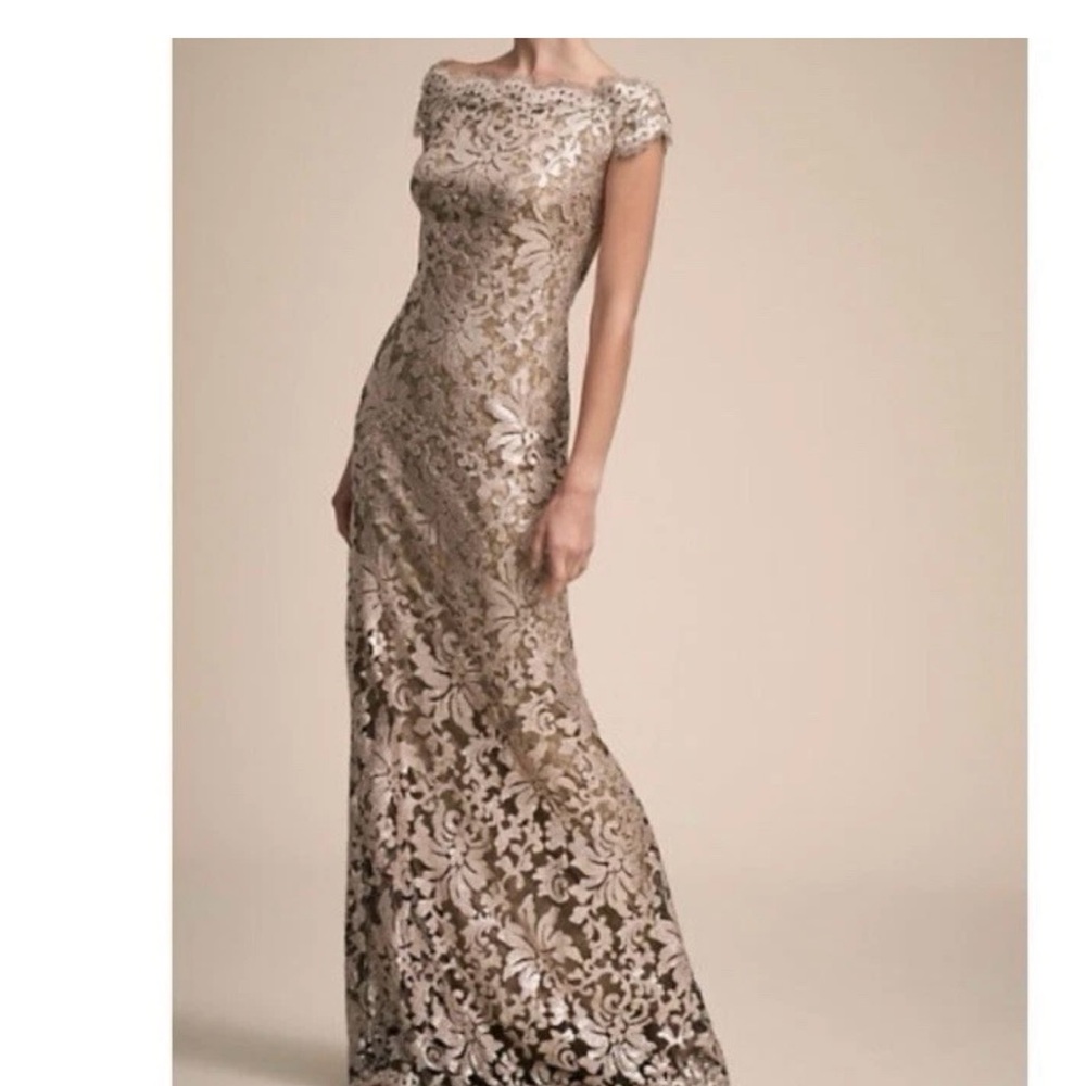Tadashi Shoji Gold Maxi Gown with Bateau Neckline and Flutter Cap Sleeves